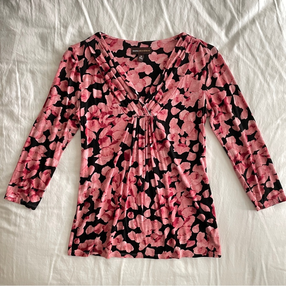 Dana Buchman Pink and Black Floral Blouse